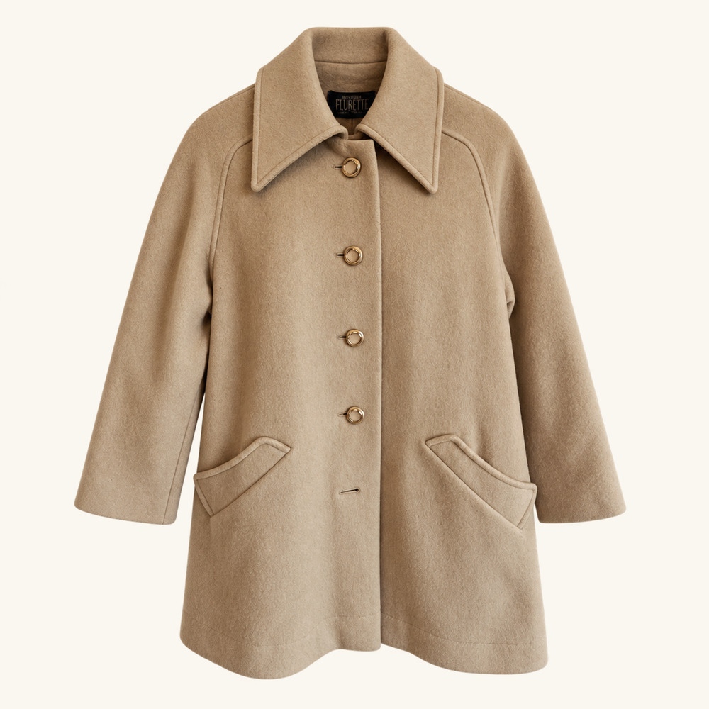 Vintage Fleurette of California Nordstrom Wool Swing Coat Gold Buttons Tan Small
